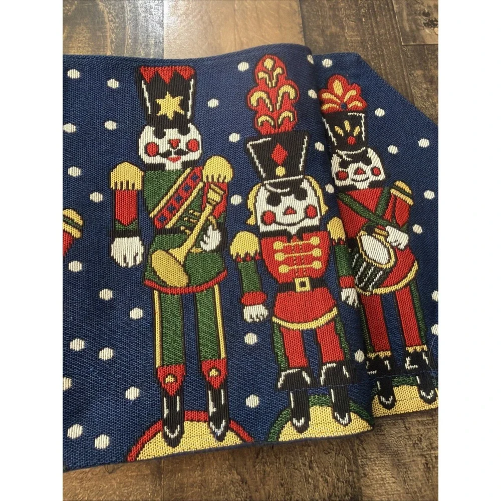 Vintage Nutcracker Tapestry Christmas Table Runner Navy Blue Toy Soldier 12x54